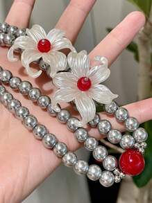 1件CCB夸张小众设计白色大花项链高端感鸢尾花银珍珠双层项链锁骨链男女通用