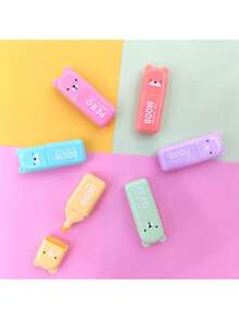 6支装可爱迷你熊造型荧光笔马卡龙色斜头马克笔学校办公文具