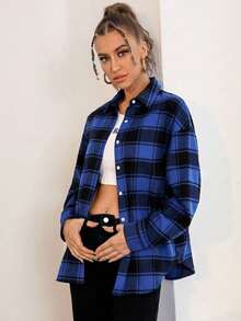 Women's Simple Plaid Print Long Sleeve Shirt, Suitable For Summer, Autumn And Spring - Blue - View 7