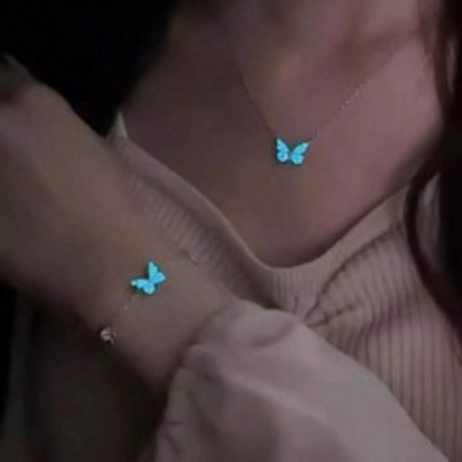 Collar con mariposa que brilla en la oscuridad - Diseñado con una mariposa azul luminosa, elegante pulsera para mujeres, estilo naturaleza cadena de clavícula Aurora