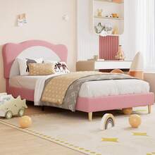 Twin Size Bed Frame For Kids,Upholstered Twin Bed Frame With Adjustable Chic Scallop Headboard, Cute Velvet Princess Platform Bed For Girls/Kids, Solid Wood Slats Support, No Box Spring Needed - Pink + White - View 1