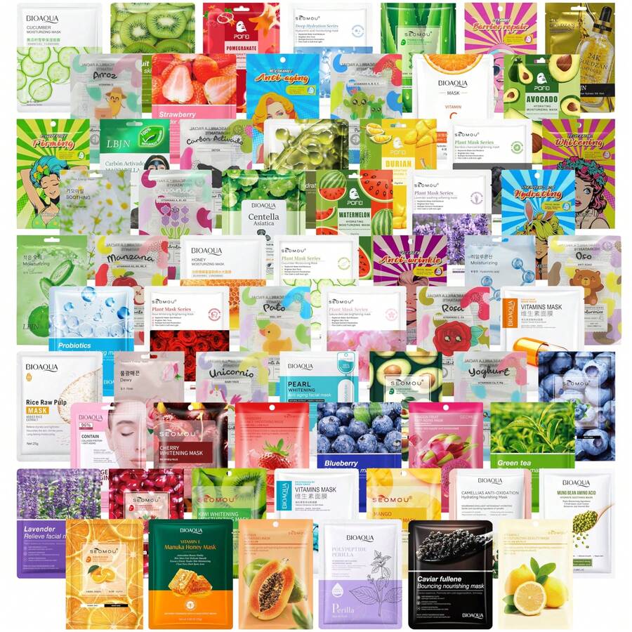 200 mascarillas de tela hidratantes y reparadoras, elige entre una variedad de mascarillas como hidratantes, calmantes, purificantes, mascarillas coreanas, cuidado facial, etc. Contamos con una amplia variedad de mascarillas, como frutas, verduras, ácidos, ácido de gelatina, leche, etc., aptas para todo tipo de piel. - Multicolor - Ver 1