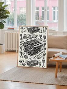 1pc Vintage V8 Engine Explosion Canvas Wall Art, Automotive Theme Wall Decor, Aesthetic Room Decoration, Living Room Art, Mechanical Illustration, Wall Art, Painting, Poster, Suitable For Home, Garage, Office, Studio - Monochrome Detailed Parts Diagram, Frame Optional - Multicolor - View 8
