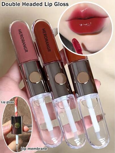 2-en-1 Brillant à lèvres et Rouge à lèvres, Imperméable, Anti-transpiration, Longue tenue, Non collant, Couleurs Thé au lait de cannelle et Nude transparent, Cosmétiques avec miroir, Facile pour les débutants, Cadeau pour étudiants, Saint-Valentin, Halloween, Noël, Fête de maquillage, HERORANGE