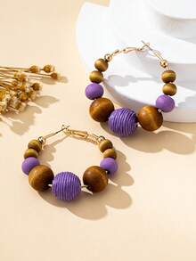 1 par de pendientes de aro de moda para mujer, pendientes de cuentas de madera con estilo bohemio, adecuados para uso diario, vacaciones y como regalo - Morado - Ver 4