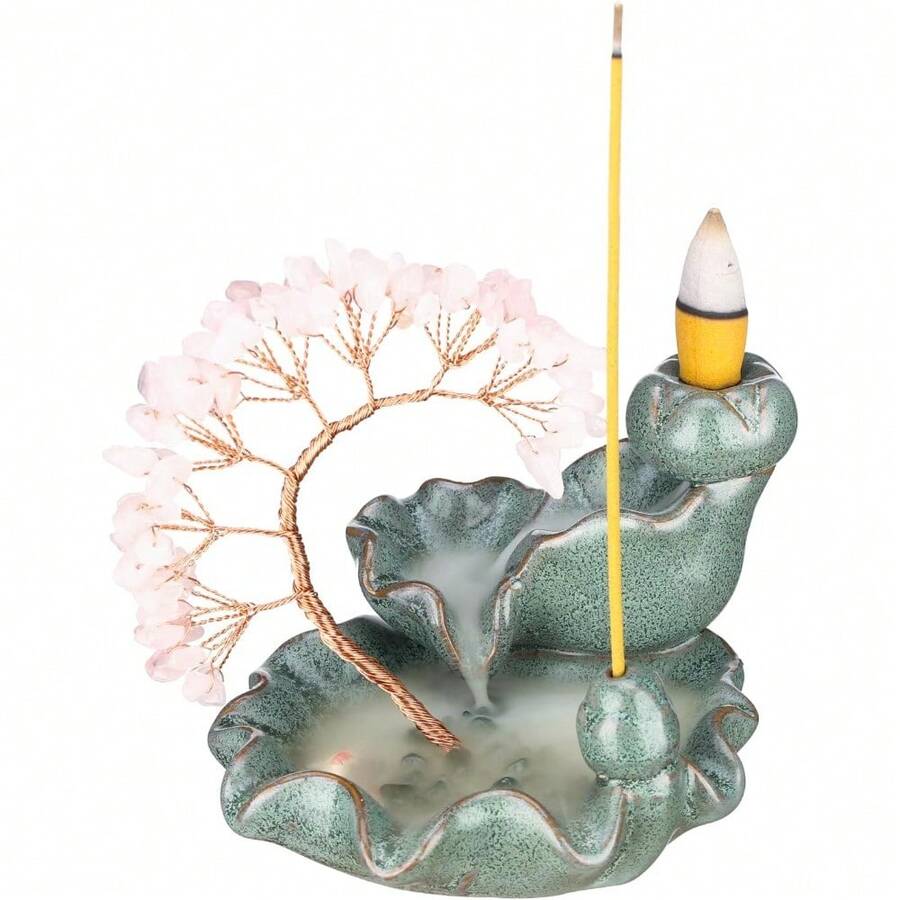 Ceramic Backflow Incense Burner With 7 Chakras & Crystal Tree - Yoga Meditation Decor - Grenn - View 1