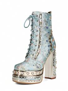 Waterproof Platform Thick Heel Elegant Pearl & Rhinestone Embellished Ankle Boots