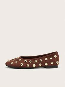 Fall/Winter Basic Cute Studded Office Casual Round Toe Rivet Decor Suede Flat Ballet Flats - Brown - View 2