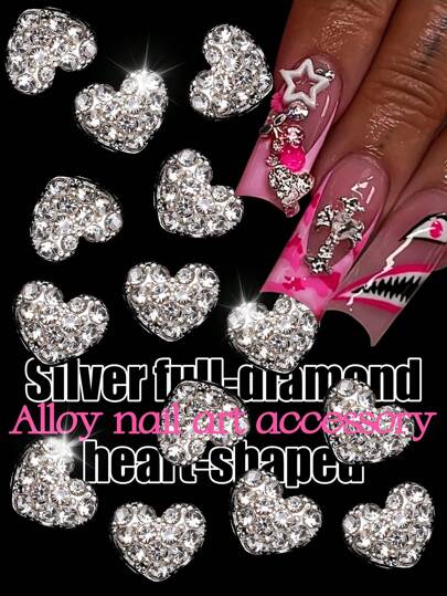 15件套Y2K风格银合金闪亮水钻心形美甲装饰配件套装，日式3D美甲合金装饰，DIY金属装饰艺术饰品配件，水钻和装饰品，美甲饰品，美甲宝石，美甲用品礼品。美甲