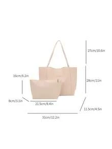 2pcs Women's Solid Color Embroidered Thread Fashion Large Capacity Shoulder Tote Bag With Snap Closure - White - View 3
