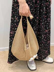 Hollow Out Weave Straw Bag Bohemian Beach Handbag Hollow Tote Bag Large Capacity Shopping Beach Bag Fashion Hollow Out Weave Straw Bag Beach Handbag Bohemian Style Beach Bag Slouchy Style Large Capacity Hollow Tote Bag Vacation