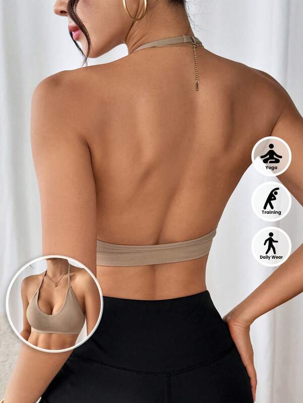 LianShengFa 1 Stück nahtloser gerippter Rückenfreier V-Ausschnitt Sport-BH mit hoher Dehnbarkeit, herausnehmbare Pads Fitness Tank Top, weich, bequem und atmungsaktiv Yoga-BH