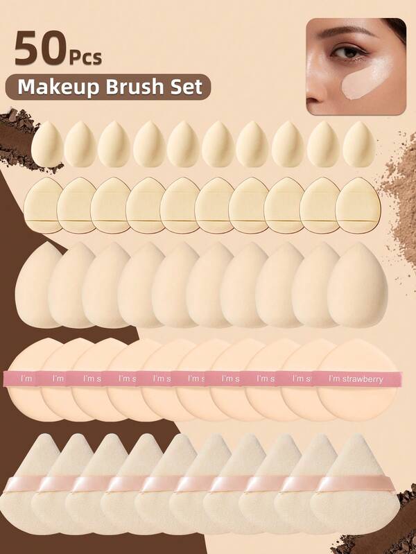 50-Piece Makeup Tool Set Includes: 10 Beauty Sponges For Liquid Cosmetics + 10 Mini Beauty Sponges For Liquid Cosmetics + 10 Triangular Powder Puffs For Loose Powder And Setting + 10 Cushion Puffs For Facial Makeup + 10 Mini Cushion Puffs For Facial Concealing