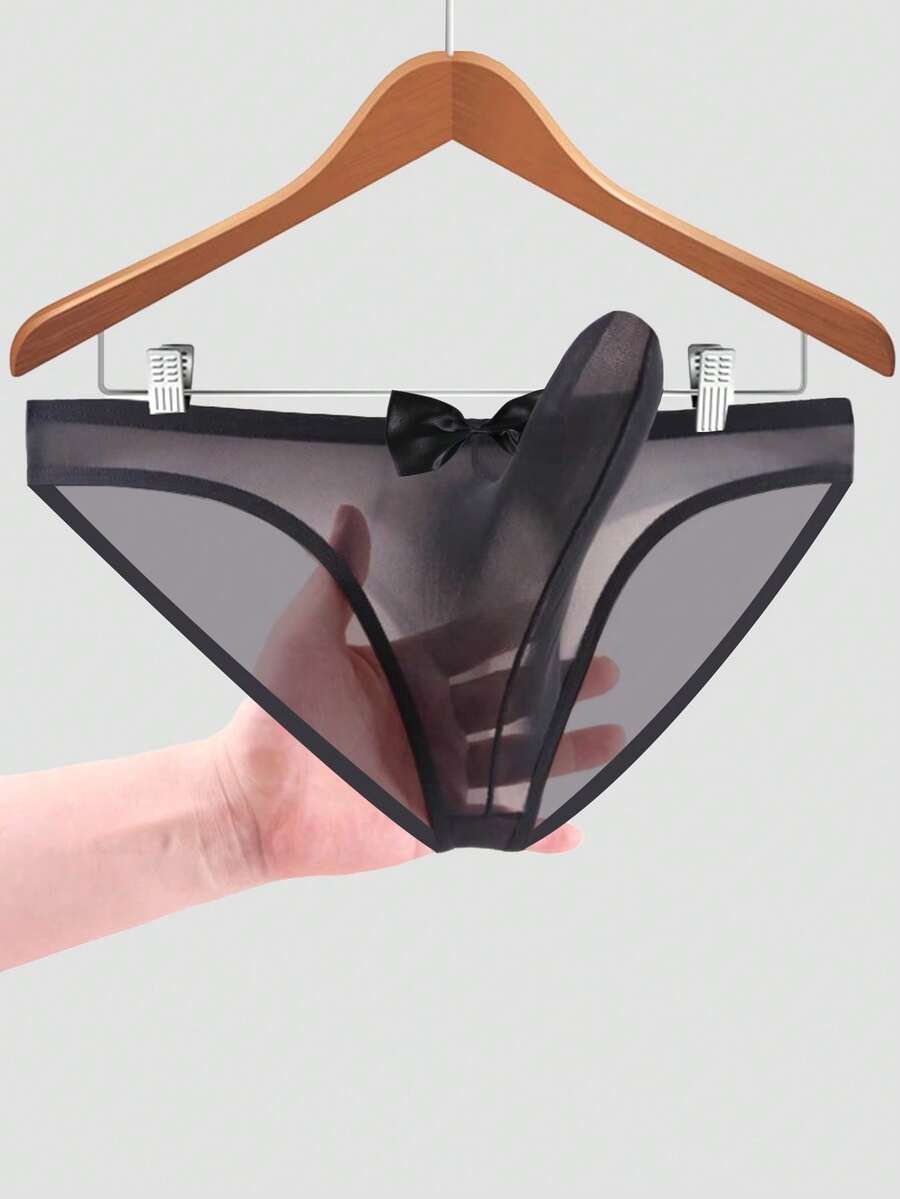 男士纯色性感半透明网眼透气舒适日常袋装三角内裤 - 黑色 - 查看 1