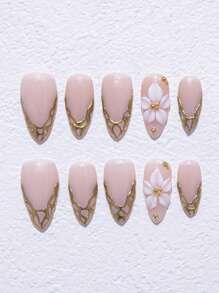 手工杏仁形Y2K反派风格按压式美甲，包含裸色、绿色和白色指甲板，搭配奶油色指甲尖、扎染、花卉装饰、水滴和蝴蝶结图案。专为女士和女孩设计，10件/套，3种尺寸可选，适合派对、庆典和日常佩戴。包含美甲工具，是送给女士和女孩的理想礼物。美甲用品 美甲