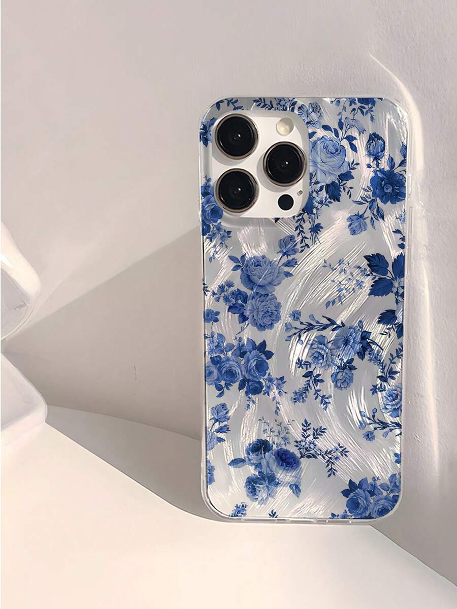 1pc Minimalist Blue Floral Glitter Waterproof Anti-Fall Anti-Slip Soft Phone Case Cover Compatible With Apple Phones Shockproof Scratch Resistant - Multicolor - View 1