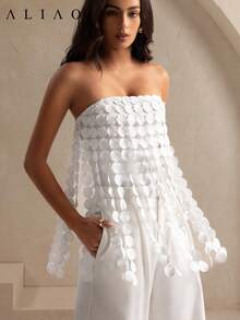 Aliao Laser Cut Multi Circle Double Layered Minimalist Geometric Tassel Tube Top, Removable Halter Top, Polka Dot, White Top - White - View 2