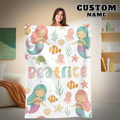 1pc Custom Name Blanket For Bed, Multipurpose Living Room Sofa Outdoor Beach Camping Pet, Personalized Family/Pet/Couple Text Printed Bedding Blanket, Personalized Christmas Gifts, Family Gift, Birthday Gifts, Gift For Friend, Gift For Her, Household Essentials