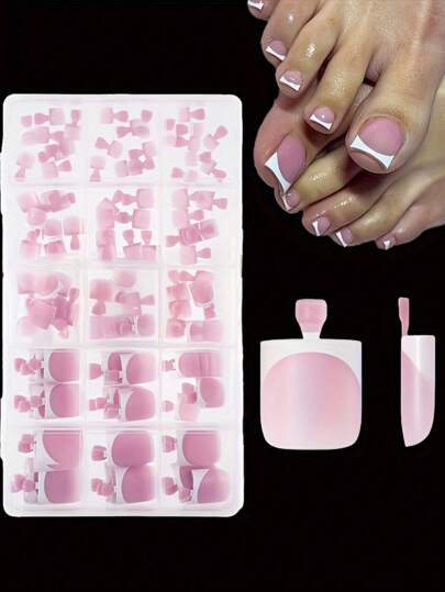 150pcs/Box Pink Toe Nail Stickers, Adhesive Square French Manicure Nail Tips, Pre-Designed Soft Gel Thickened Fake Toenails, Full Coverage Acrylic Artificial Toenails, Nail Art Supplies