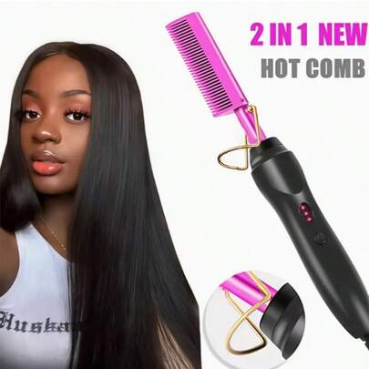 2-In-1 Electric Hot Comb And Hair Straightener - Wet/Dry Styling Tool With Adjustable Temperature For Smooth, Frizz-Free Hair In Gold, Pink And Black Designs