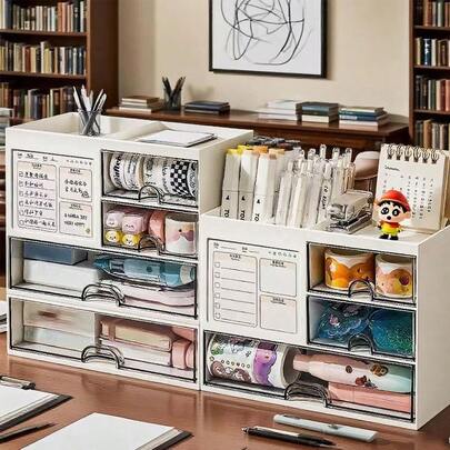 1个抽屉式桌面收纳盒，亚克力笔筒整理架，适用于学生办公桌用品，透明多隔层抽屉式收纳盒，可整齐收纳铅笔、钢笔、荧光笔、夹子、记事本和其他小型办公用品，节省空间，适用于书房、家庭办公室、宿舍，轻巧耐用，表面防刮，易于清洁，现代简约设计，与家居装饰风格相得益彰，是学生和职场人士的理想礼物。