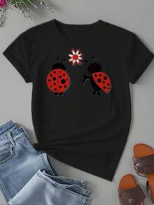 Ladybug Print Women's Plus Size Tops Crew Neck Novelty Shirt Casual Short Sleeve Top Funny Graphic Tee  Summer Vacation Clothing - màu đen - Xem 1