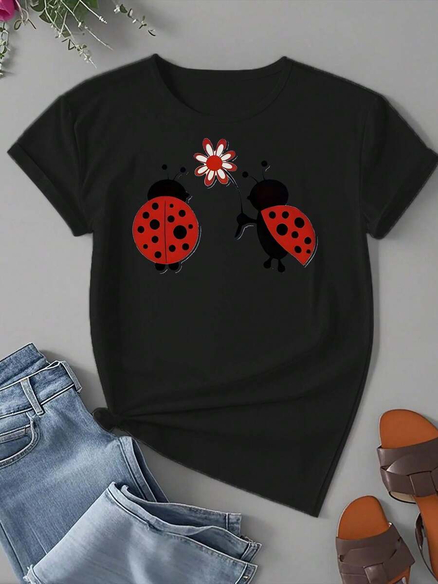 Ladybug Print Women's Plus Size Tops Crew Neck Novelty Shirt Casual Short Sleeve Top Funny Graphic Tee Summer Vacation Clothing - màu đen - Xem 1