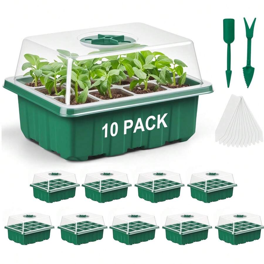 10 套透明育苗盆，带湿度罩，育苗盆，育苗起始盆，带排水孔的花盆，用于花卉植物，园艺用品，园艺，花园，植物花盆，房间装饰，家居装饰，DIY 园艺标志，透明塑料园艺花盆种植容器杯种植器小型启动种子起始托盘，适用于温室和花园 - 彩色 - 查看 1