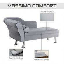 HOMCOM Chaise Longue Imbottita in Stile Vintage Poltrona Letto con CusciIncluso in Metallo e Velluto Grigio 160x56x75 cm