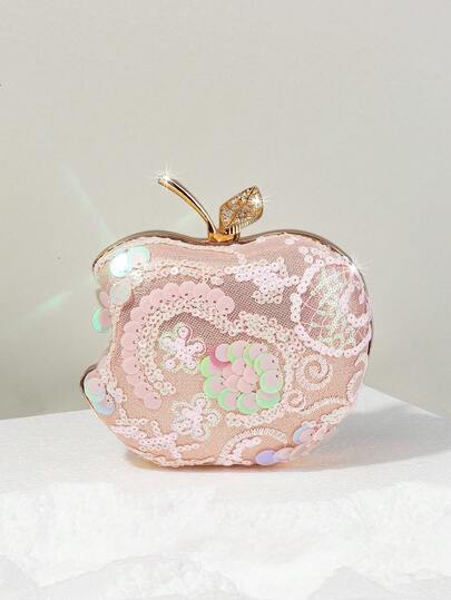 这款迷人、优雅、奢华的粉色苹果形亮片手提包，适合派对、商务和休闲场合，适合女士、女性、派对女孩、新娘，是派对、婚礼、舞会、宴会/庆典的完美之选，也是送给女性、母亲、老师、朋友、伴娘的最佳礼物。
