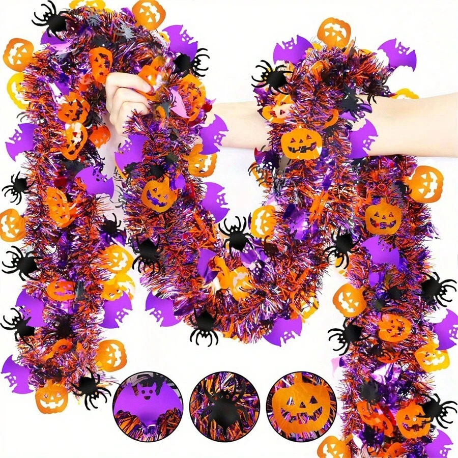 78.74 Inch Halloween Ribbon Wreath With Orange Pumpkin, Black Spider And Purple Bat - Indoor Outdoor Decor, Home And Tree Decoration, Halloween Decor