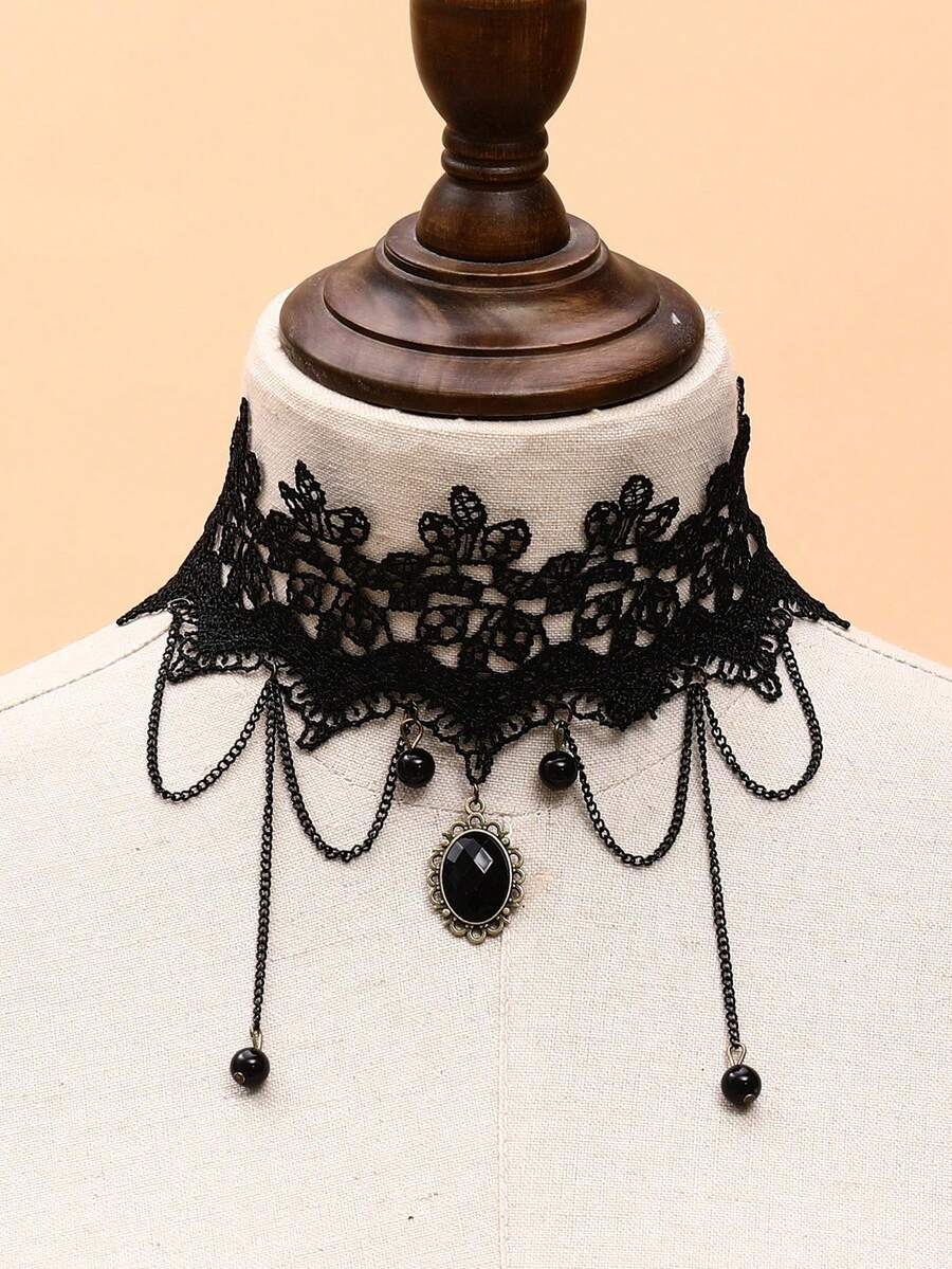 1pc Black Crown Pendant Choker, Gothic Lace Necklace Collar Choker - Black - View 1