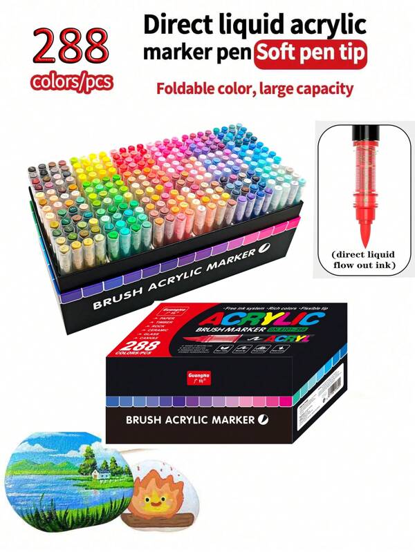 GuangNa GuangNa 288 couleurs Stylos marqueurs acryliques à pointe souple droite, marqueurs de peinture acrylique à pointe de pinceau souple, marqueurs acryliques de couleur idéaux pour la canevas, la peinture sur roches, le bois, la pierre, le verre, la céramique, la peinture sur tissu, les bricolages DIY