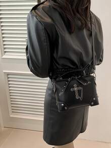 1pc Black Cross Decorated Punk Rock Motorcycle Style Tote Bag, Stylish Rivet Detail Shoulder & Crossbody Makeup Bag For Women, Perfect For Daily Use And Dating Gift - màu đen - Xem 5