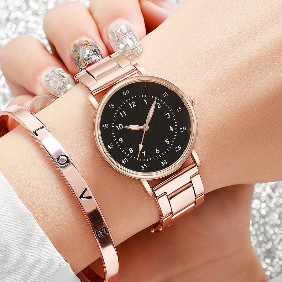 2 件套奢华金色女士手表女士手链不锈钢 LOVE 手链女士礼物 - 玫瑰金 - 查看 1