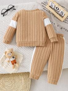 Spring & Autumn Baby Boy Casual Round Neck Bear Graphic Long Sleeve Top And Elastic Waist Side Color Block Long Pants Outdoor Suit