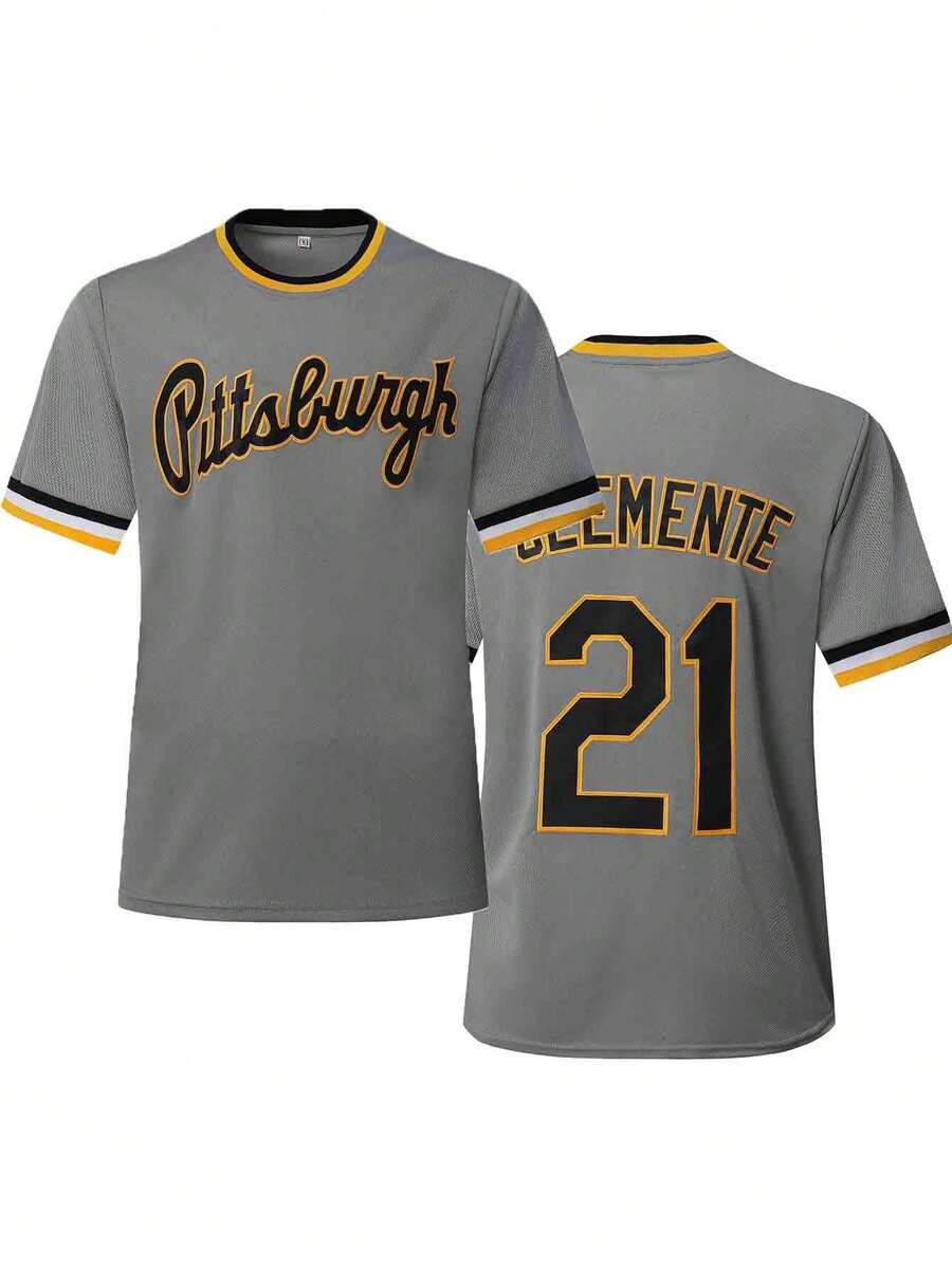Men's Baseball Jersey 21 Grey Button-Down Embroidered Sports T-Shirt Gym Clothes Men Basic T Shirt - Grey - View 1