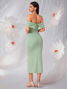 Elisanya Off-Shoulder Ruched Front Slit Backless Party Dress For Women - Green - View 2