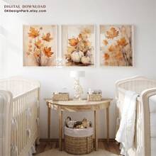 2 PIEZAS/3 PIEZAS Impresiones de decoración de otoño, arte imprimible de hojas de otoño de estilo granja, impresión digital de calabaza de otoño pintura acuarela, arte de pared de otoño