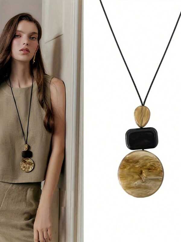 1pc Bohemian Style Long Pendant Necklace Women, Retro Minimalist Geometric Pendant Sweater Chain Accessory