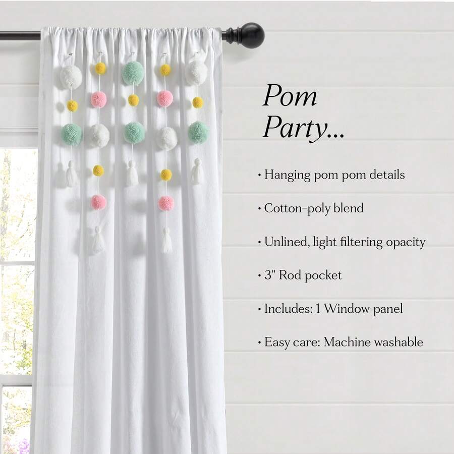 LUSH DECOR Boho Pom Pom Tassel Linen Window Curtain Panel Navy Single 52X84 Halloween-Fall Decor-Room Decor - 水綠色/粉紅色 - 查看 1