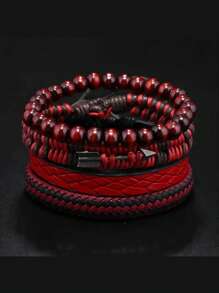 1pc, Fashion Vintage Men's Leather Bracelet Cupid's Arrow Wooden Beaded Leather Hand Woven Retro Fashion Bracelets For Men