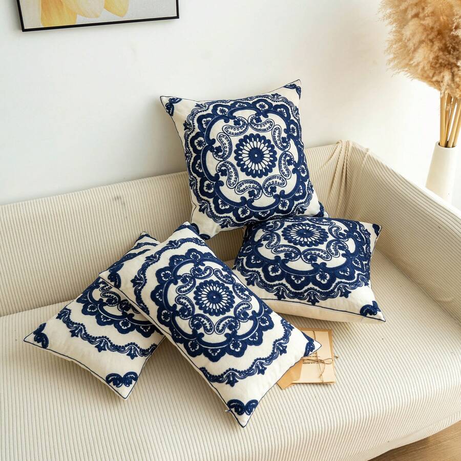 1 件花卉刺绣靠垫套（无填充物），现代帆布装饰抱枕套，适用于客厅、家居装饰 - 藏蓝色 - 查看 1