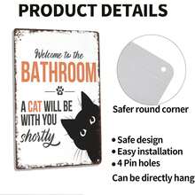 Funny Welcome To The Bathroom Cat Metal Sign - Black & White Cat Vintage Wall Decor, Retro Tin Poster 8x12 Inch For Bathroom Decor - 歡迎001 - 查看 3