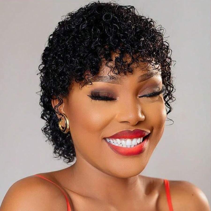 4-Inch Short Curly Afro Textured Wig, Fluffy Kinky Curly Human Hair Wig For Women