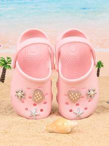 Girls' Fashion Fish Scale Pattern EVA Sandals, Slip-On Design, Heart Flower Starfish Decor, Casual Indoor/Outdoor Beach Shoes, Suitable For All Seasons