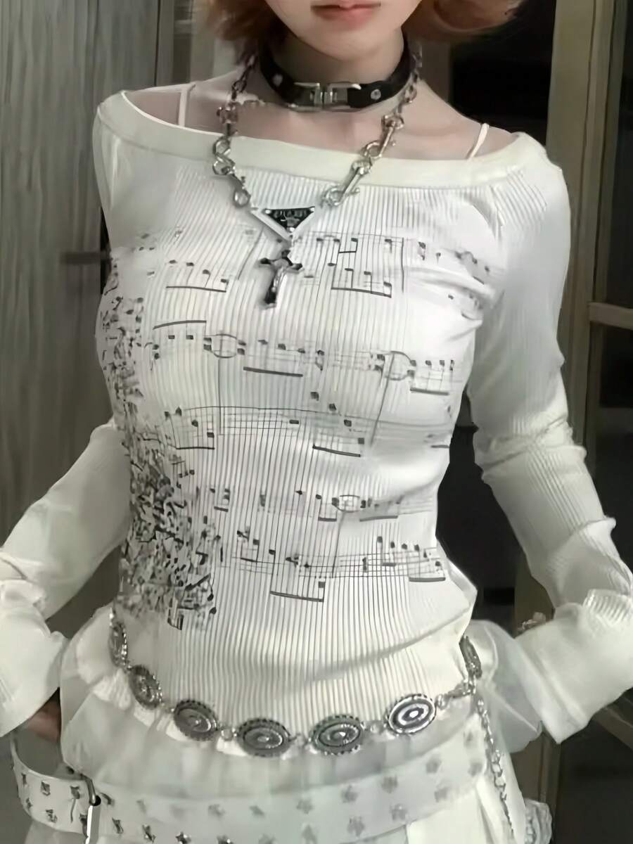 Womens Summer Tops Y2k Crop Tops Fairy Grunge Tops Stylish Note Print Knit Shirts Off-Shoulder Long Sleeve Going Out Tops Ruffle Trim Slim Fit T Shirts Fall Fashionable Casual Tops Daily Clothes Clubwear Streetwear Aesthetic Clothes Gothic Clothes - 白色 - 查看 1