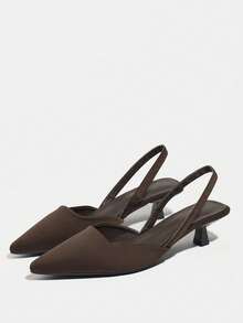Women's Pointed Toe Chunky Heel Suede Pumps With Back Strap, Breathable Closed Toe High Heel Slingbacks For Summer - Dark Brown - View 5