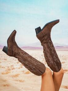 2024 春秋新款女式大码时尚刺绣及膝西部牛仔靴，棕色靴子 - 咖啡棕 - 查看 6