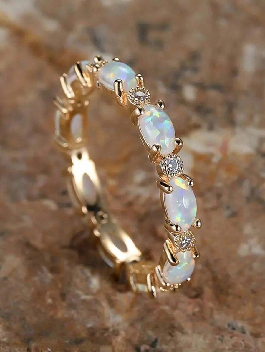 1 件迷人方晶锆石和人造蛋白石戒指，适合女士结婚订婚周年派对珠宝情人节礼物